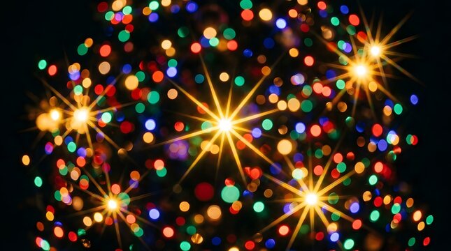 A vibrant and festive display of multi-colored Christmas tree lights captured in a dreamy out-of-focus bokeh effect with several sharp, glowing star-burst light flares scattered.
