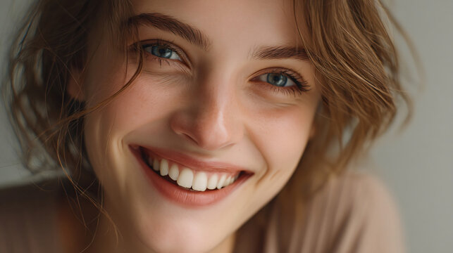 Radiant Smile: A close-up portrait of a young woman with captivating blue eyes and a warm, infectious smile, her short brown hair framing her face as she radiates joy and natural beauty.