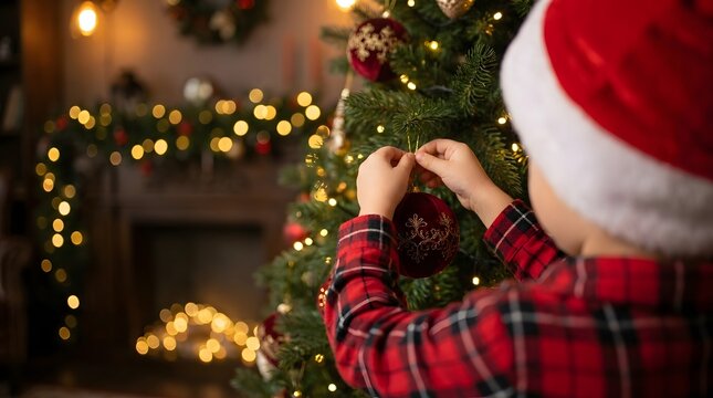 A young child wearing a festive red Santa hat and a plaid flannel shirt carefully hangs a beautiful, ornate velvet Christmas ornament on the decorated tree.