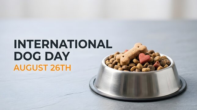 International dog day celebration with a metal bowl full of dry pet food on a gray table