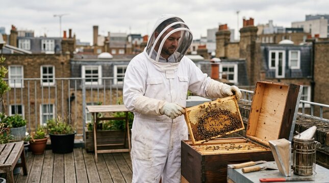 Beekeeper in a full white protective suit carefully lifting a honeycomb frame on a rooftop terrace above the city, urban beekeeping concept photography