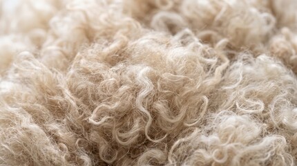 Fototapeta premium Close up view of beige wool fleece curls and fine fibers showing detailed texture and soft natural material for textile and craft use