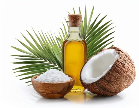 virgin coconut oil with coconut shell healthy coconut oil and opened coconut isolated on white background