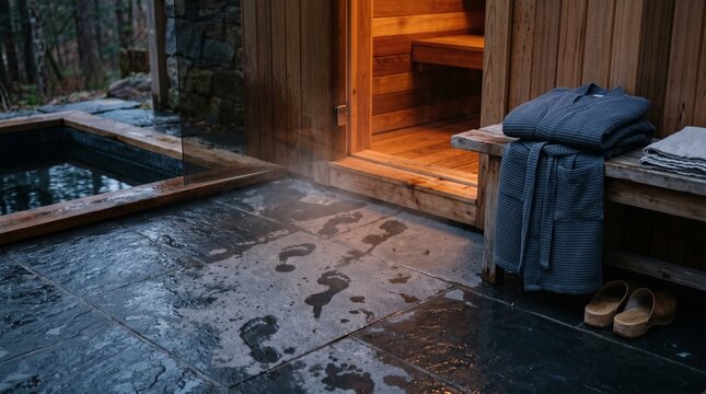 Wet Footprints Between Cold Plunge And Sauna In Minimal Ritual Interior