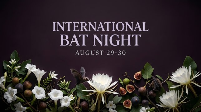 International bat night celebration banner with white nocturnal flowers and dark purple background for environmental awareness