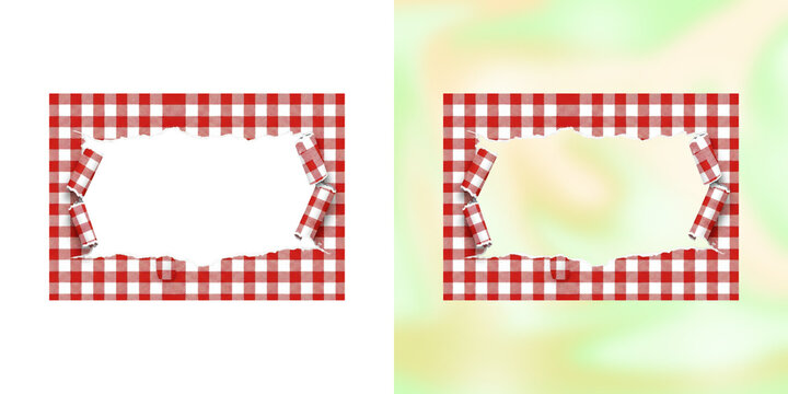 Torn red picnic checkered cloth frame with ragged edges isolated on transparent background for food labels.