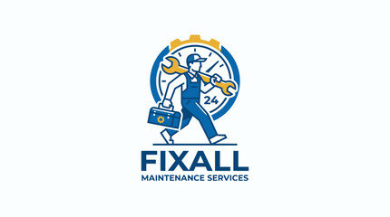 Fototapeta premium Maintenance Service Logo with Handyman Carrying Wrench and Toolbox in Front of 24 Hour Clock Icon