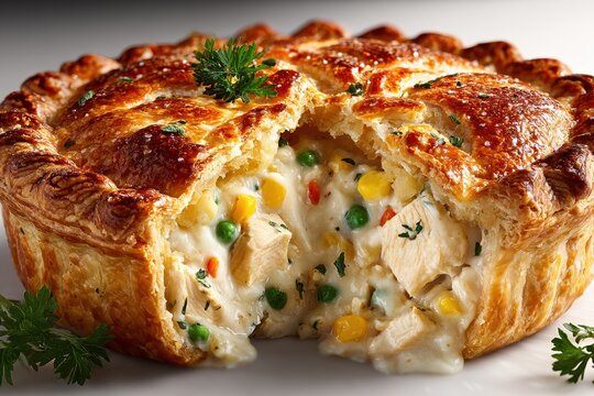 classic chicken pot pie isolated on white background
