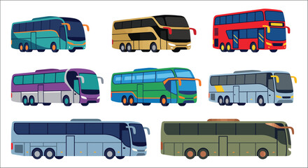 Collection Of Colorful Tour Buses Flat Vector Illustration On White Background vehicle transport bus coaches © vector desgins 