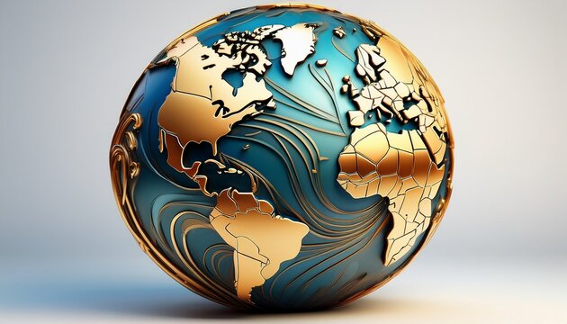 a stylized globe showcasing the continents in gold and blue colors isolated on a white background