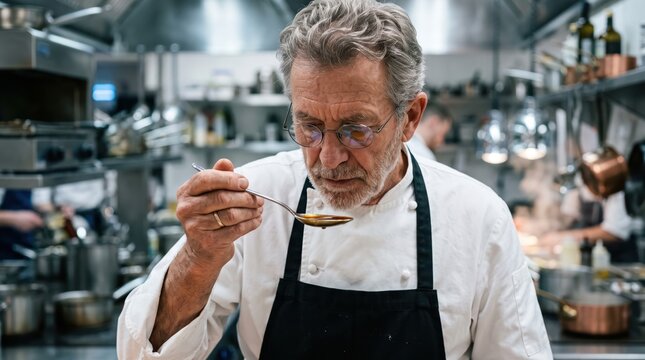 Senior male chef inspecting and tasting spoonful of sauce in commercial kitchen, focused expression and precise technique with pots, pans and brigade visible in blurred background