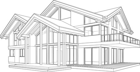 Fototapeta premium Modern Luxury House Architectural Line Drawing with Contemporary Residential Exterior Perspective