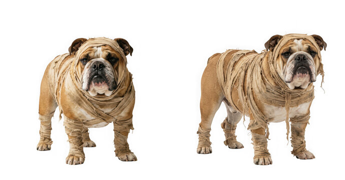Two bulldogs wrapped in bandages like mummies isolated on transparent background
