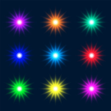 Star light with rays, colorful set, vector illustration.