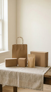 Assorted kraft paper boxes and a shopping bag arranged on a table with dried flowers in warm natural light, minimalist eco packaging concept photography