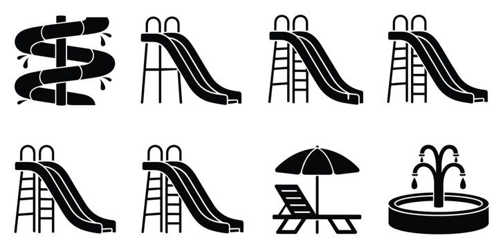 Set of water slide and swimming pool with lounge chair and fountain