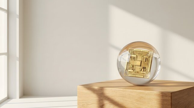 A decorative glass sphere with golden metallic interior details resting on a rustic wooden block surface