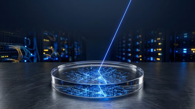 Futuristic laboratory petri dish with glowing blue digital circuit patterns and data laser light beam