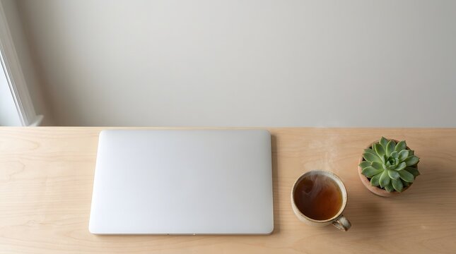 Closed silver laptop with a cup of coffee and a small succulent on a wooden desk