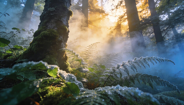 Forest blanketed in early morning fog with soft sunlight filtering through