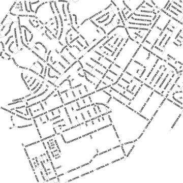 Typographic Map of the City Newark (California, USA) showing the city center only with street names