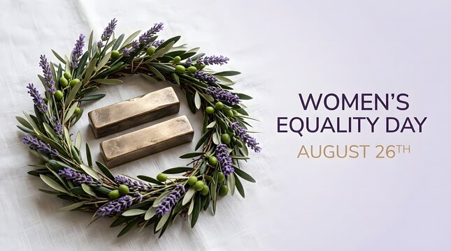 Womens equality day concept with a green olive branch wreath and an equals sign symbol