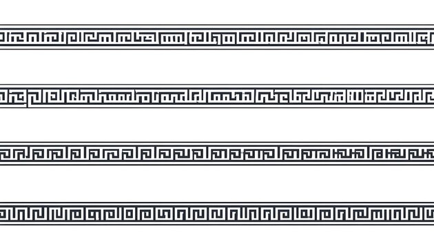 Greek key border pattern vector illustration, black and white seamless geometric meander trims.