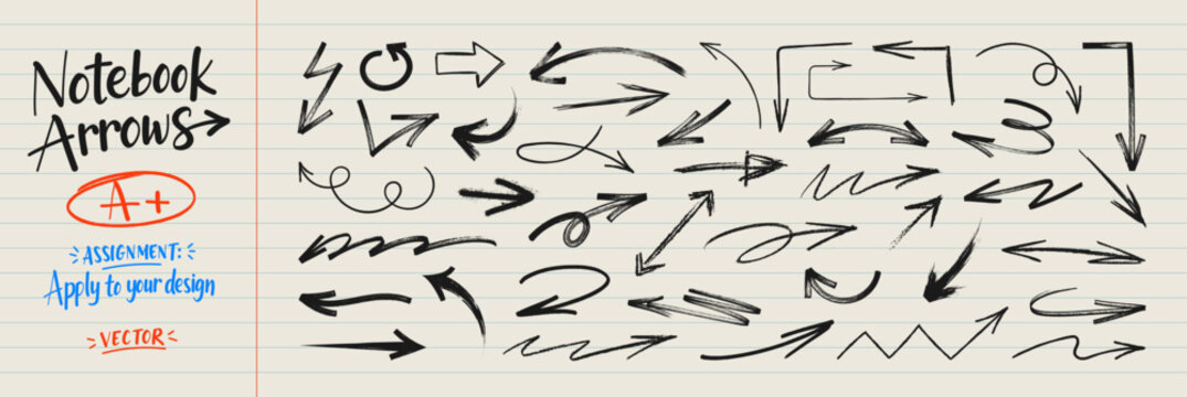 Hand drawn brush arrows set. Sketch doodle arrows collection for design elements, pointers and indicators. A variety of children's signs and school doodles drawn with a marker, chalk, pen. Vector set