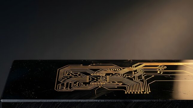 Abstract digital background featuring glowing golden circuit board lines on a dark textured surface