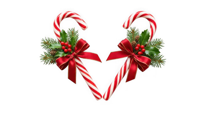 Two christmas candy canes with red bows, pine branches, and holly berries isolated on transparent background