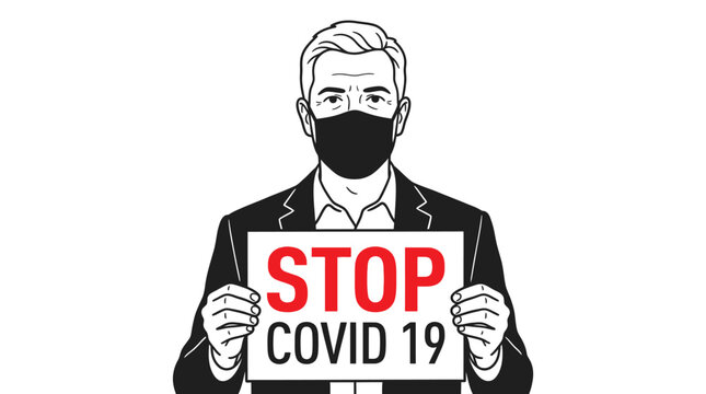 Professional business man wearing protective face mask holding stop covid nineteen sign in vector graphic illustration