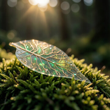 Macro de una hoja biosint&eacute;tica con circuitos de oro sobre musgo. Representa tecnolog&iacute;a ecol&oacute;gica, energ&iacute;a renovable y biotecnolog&iacute;a sostenible