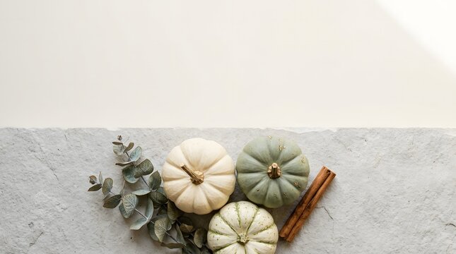 Flat lay of decorative white and green pumpkins with eucalyptus leaves and cinnamon sticks on textured background