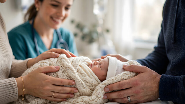 A newborn baby wrapped in a blanket is held gently by loving parents while a smiling female nurse provides care in a hospital setting.
