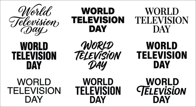 World television day typographic variations bold and cursive fonts on a white background advertising announcement