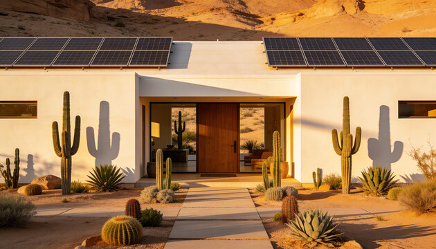 Symmetry shot of modern desert eco-villa. Clean lines, solar panels, cacti garden. Golden hour sun, long shadows