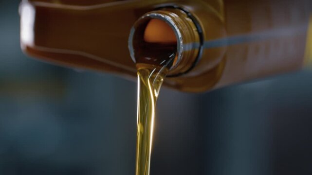 A golden stream of synthetic motor oil pours from the neck of a canister into a car engine. Macro shot.