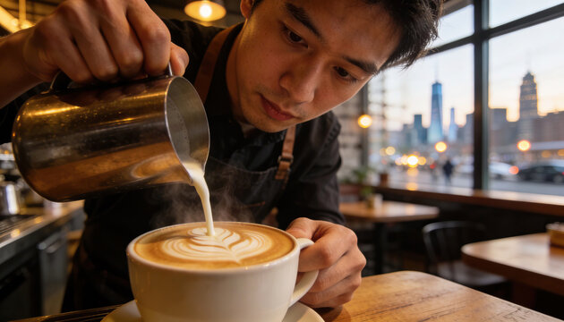 Barista creating intricate latte art in urban coffee shop. Steaming mug, concentrated expression