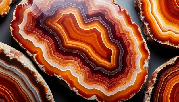 close up of polished agate slices with fiery orange and brown hues