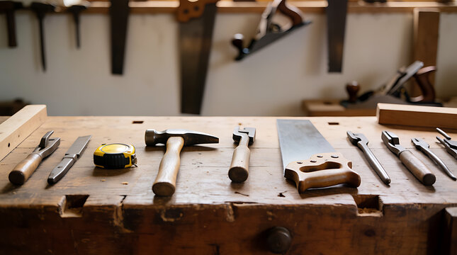 Vintage woodworking tools laid out on a rustic workbench ready for use