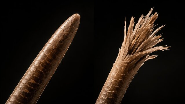 Healthy hair tip versus damaged split end macro comparison