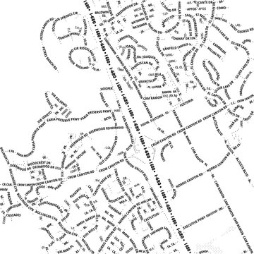 Typographic Map of the City San Ramon (California, USA) showing the city center only with street names