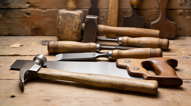 Collection of vintage woodworking tools including chisels, hammer, saw and mallet on a rustic wooden surface