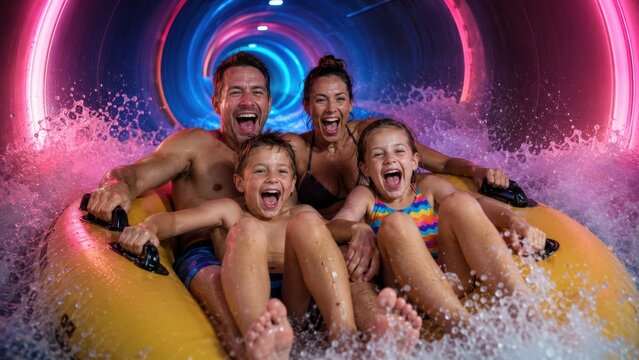 Family on neon water slide raft screaming with joy