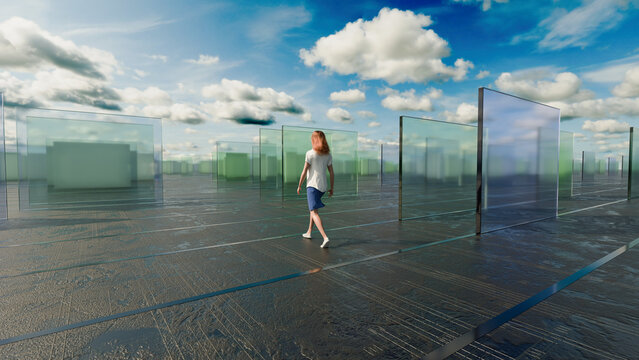 3D render of a woman navigating a labyrinth of transparent barriers in a surreal landscape.
