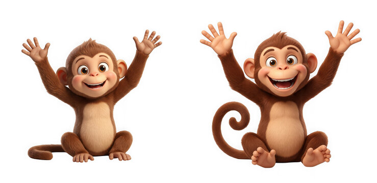 Two happy cartoon monkeys with arms raised sitting isolated on transparent background