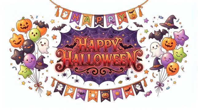 Festive halloween party decoration background with balloons and banners wishing a happy thanksgiving and spooky holiday season for creative autumn celebration design and graphic projects
