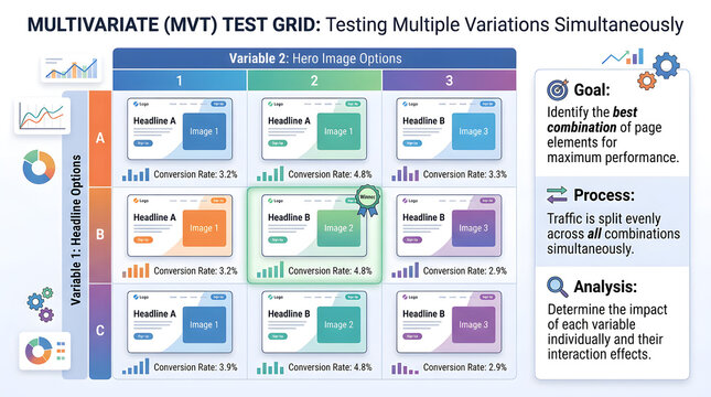 Multivariate testing grid for website optimization. MVT experiment dashboard for digital growth.