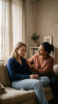 Woman comforting her upset friend by placing a hand on her shoulder while sitting together on a couch, warm supportive friendship and emotional support concept photography