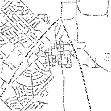 Typographic Map of the City Burleson (Texas, USA) showing the city center only with street names